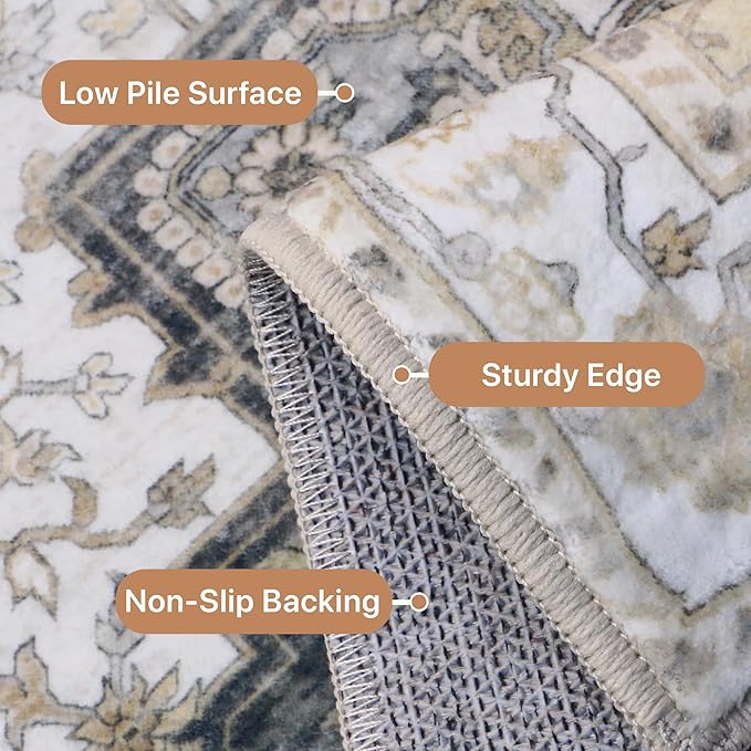 GENIMO 5FT Round Area Rugs for Living Room, Circle Rugs Machine Washable Low Pile, Chenille Non Slip Vintage Rug for Bedroom, Dining Room, Home Office, Heathered Grey