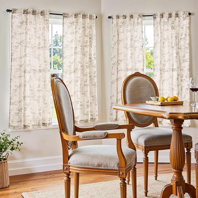 jinchan Taupe Floral Linen Curtains 63 Inch Flower Drapes Back Tab 2 Panels | Taupe on beige, light filtering, farmhouse, country, rustic, bedroom, living room, kitchen, window treatment, home decor