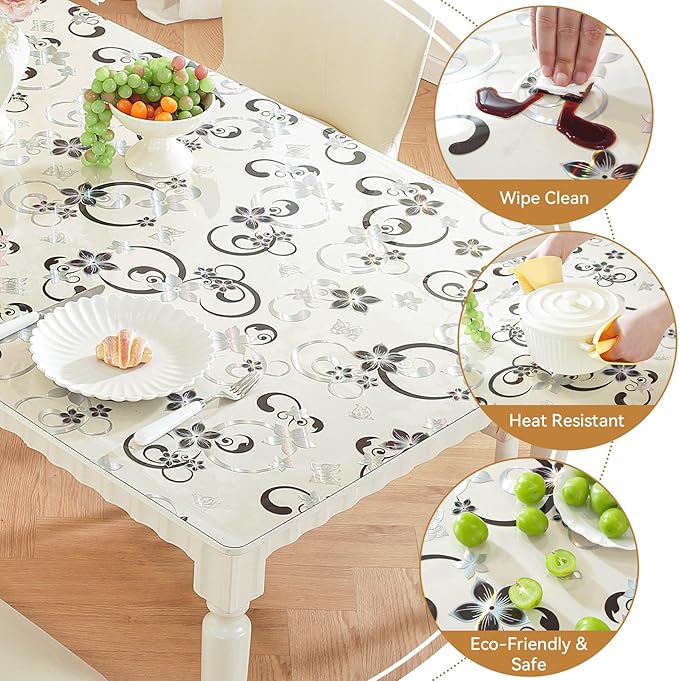 LovePads Floral Clear Table Cover Protector - 30 x 48 Inch Thick Plastic Table Cloth, Waterproof PVC Desk Mat for Dining Room Table, Wood Furniture Topper, Anti-Scratch Desk Pad for Kids Writing,