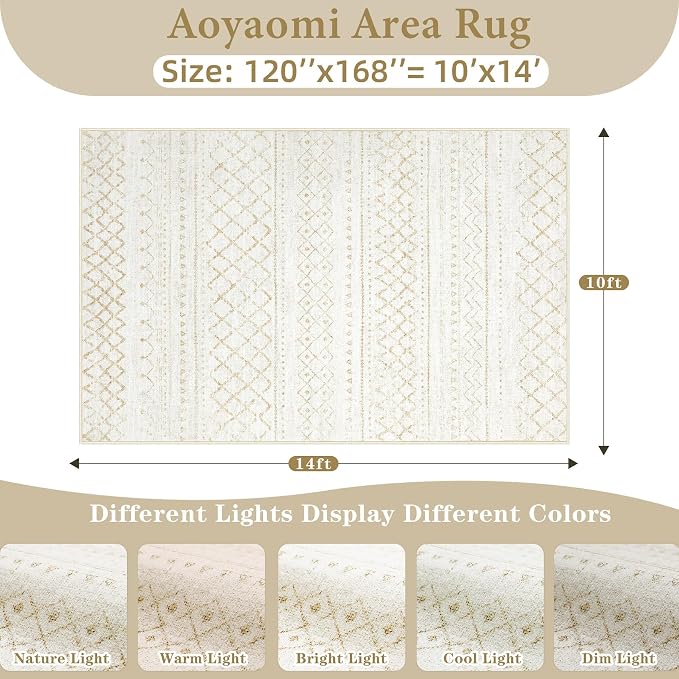 Area Rug for Living Room 10x14: Large Washable Boho Moroccan Rugs Geometric Neutral Rug, Non-Slip Foldable Morden Farmhouse Indoor Floor Carpet for Bedroom Dining Room Home Office（Beige,10'x14'）