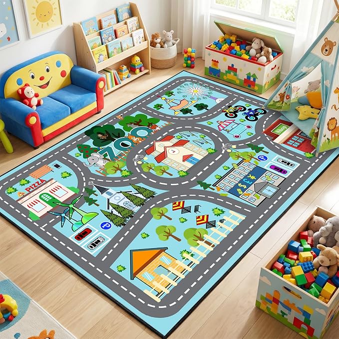 Car Rug Play Mat 4.5x6 Feet - Road Rug for Kids Boys Room, Fun Race Track Traffic Road Carpet for Boys Playmat Educational Learn, Car Carpet for Kids Room Decor Playmat Bedroom Playroom
