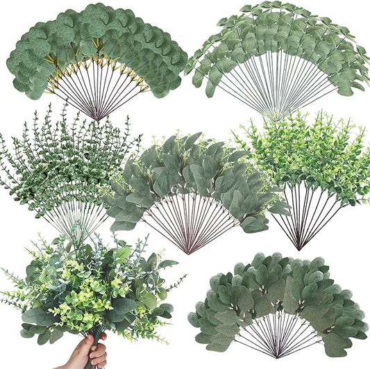 Ceenna 500 Pcs 6 Kinds Mixed Greenery Stem Artificial Faux Eucalyptus Leaves Silver Dollar Eucalyptus Picks and Sprays for Vase Dried Fake Greenery Filler Leaves Bundle for Wedding Floral Arrangement