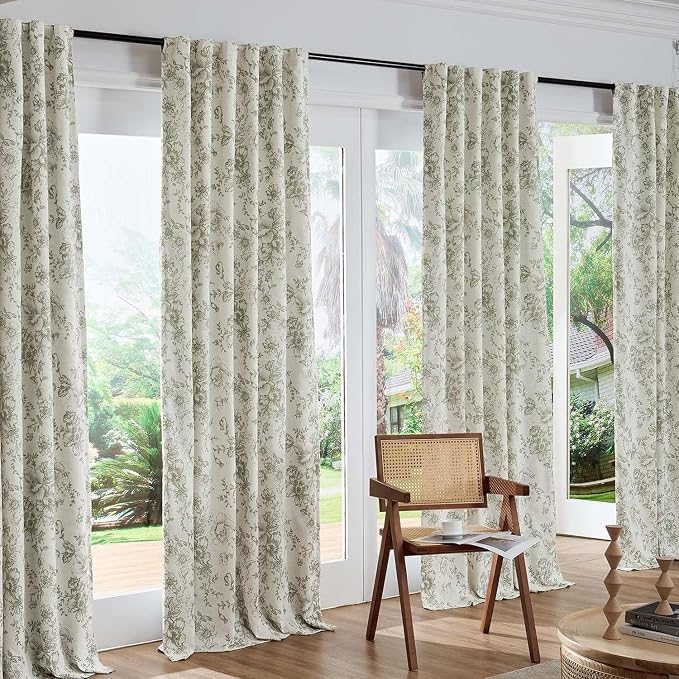 jinchan Blackout Floral Curtains for Living Room Bedroom Linen Blend Curtain Farmhouse Green Printed with Lined Back Tab Rod Pocket Drapes Window Treatments 2 Panels 96 Inch