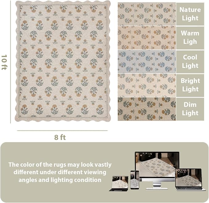 ORTIGIA Scalloped Easy Jute 8x10 Area Rug Vintage Yellow Floral Farmhouse Washable Rug Non-Slip Indoor Outdoor Carpet for Living Room Bedroom Patio Entryway
