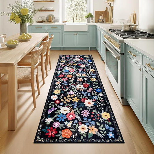 Runner Rug for Entryway: 2x5 Kitchen Rugs Non Slip Washable Ultra-Thin Soft Floral Carpet Indoor Floor Stain Resistant Carpets for Hallway Bedroom Kitchen Laundry Bathroom Dorm Black
