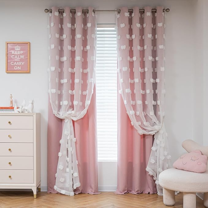 MYSKY HOME Pink Curtains for Bedroom 72 Inches Long Nursery Curtains Pom Pom White Sheer Curtains for Girls Room Double Layer for Toddler Bedroom Grommet Room Darkening Window Panels 52 x 72 Inch