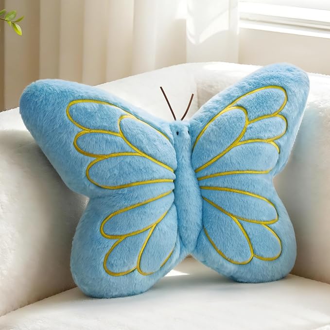 FALAX Blue Butterfly Shaped Pillow 17.7" Plush Decorative Throw Pillows | Soft Hugging Pillows, Comfort Seat Cushions, Aesthetics Room Decor, Cute Decorative Throw Pillows for Bedroom Couch Bed Dorm