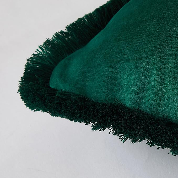 JUSPURBET Forest Green Lumbar Velvet Throw Pillow Covers 12x20 Inch Set of 2 with Soft Tassel Fringe Luxury Boho Pillowcase for Sofa Couch Bed Home Decor Machine Washable