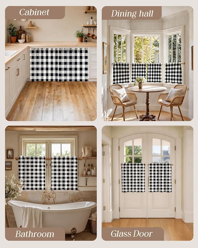 Miss Adola Farmhouse Kitchen Tier Curtains - 24 Inch Length Linen Blend Cafe Curtains Plaid Checkered Small Window Treatments Over Sink Rod Pocket for Bathroom Living Room Light Filtering, 2 Panels