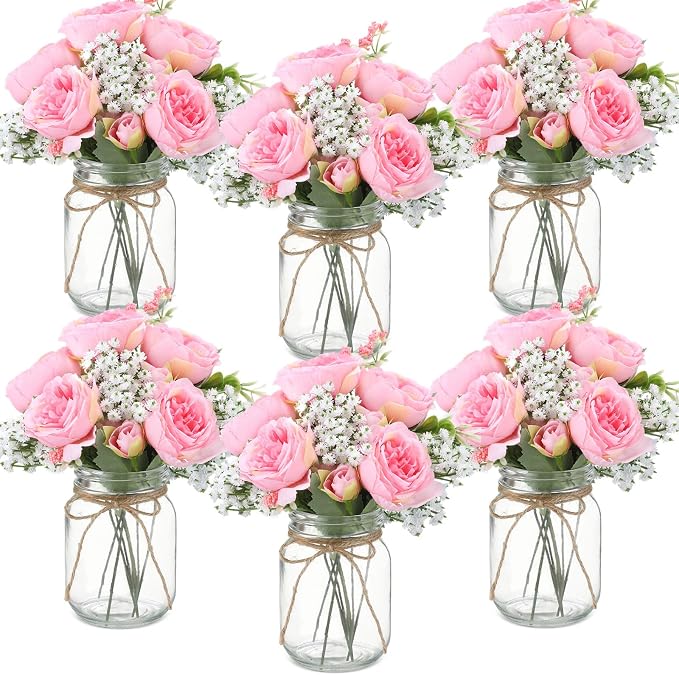 Zeyune 6 Sets Mason Jar Centerpiece Table Decorations, Artificial Peony Baby's Breath Flower Bouquets, Faux Flowers with Vase, Rustic Decor Gifts for Home, Wedding, Holiday (Coral Pink)
