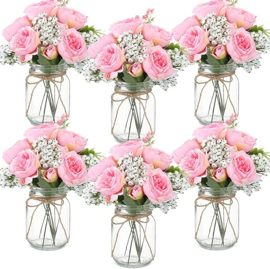 Zeyune 6 Sets Mason Jar Centerpiece Table Decorations, Artificial Peony Baby's Breath Flower Bouquets, Faux Flowers with Vase, Rustic Decor Gifts for Home, Wedding, Holiday (Coral Pink)