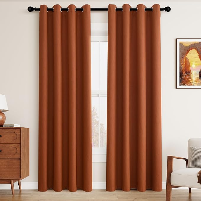 Jowels Terracotta Linen Blackout Curtains 84 Length 2 Panels Set for Living Room Bedroom, 100% Black Out Thermal Insulated Linen Drapes, Room Darkening Grommet Curtains 84 Inches Long