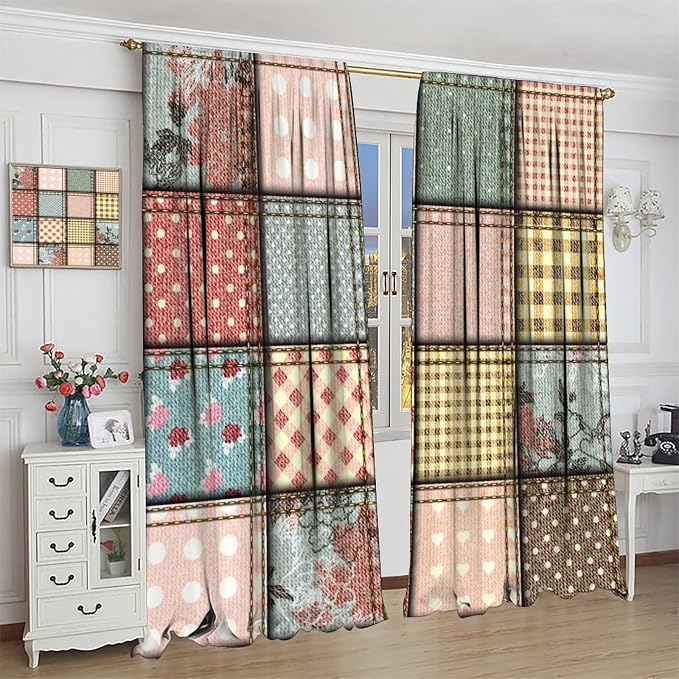 Boho Floral Patchwork Blackout Curtains Flower Boho Checkered Polka Dots Patchworkt Window Drapes for Bedroom Living Room Kitchen Cafe （W42xL84 Inch） x2 Panels