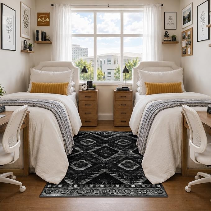 BESTSWEETIE Area Rug 4x6 Rug Machine Washable Non-Slip Low Pile Print Pattern Western Rug for Living Room Bedroom Entryway Tribal Series-Black