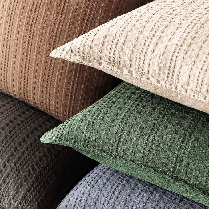 Foindtower Set of 2 Decorative Cotton Waffle Weave Throw Pillow Covers Euro Shams Cushion Covers Accent European Pillowcase for Bed Couch Sofa Bedroom Living Room Home Decor 26×26 Inch Dark Green