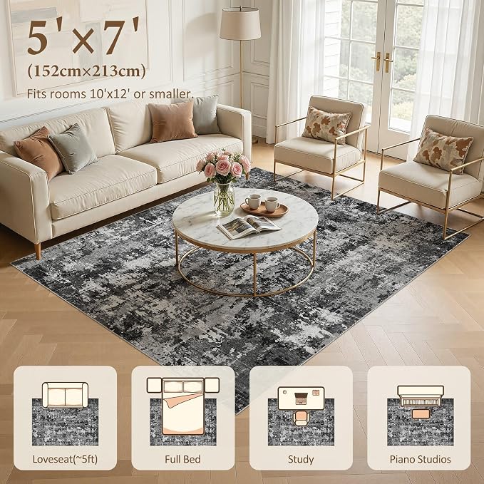 5x7 Area Rug Living Room Rugs: Washable Large Soft Abstract Modern Neutral Rug Stain Resistant & Non-Slip Low-Pile Carpet for Bedroom Dining Nursery Home Office Room Decor - Black