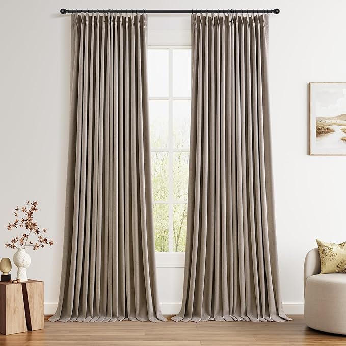 Apricot Pinch Pleated 100% Blackout Linen Curtains 120 Inch Long Insulated Thermal Soundproof Full Blackout Drapes for Bedroom Living Room Darkening Extra Long Pinch Pleat Linen Curtains 40x120