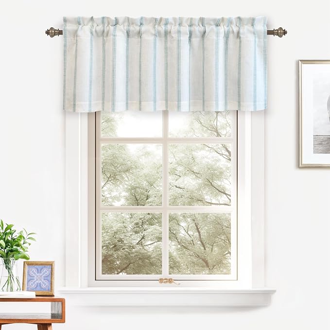 DriftAway Farmhouse Linen Lined Valance Double Layer Thermal Insulated Room Darkening Blackout Window Valances 3 Inch Rod Pocket Vertical Striped Kitchen Valance for Bathroom Single 52 x 18 Inch Green