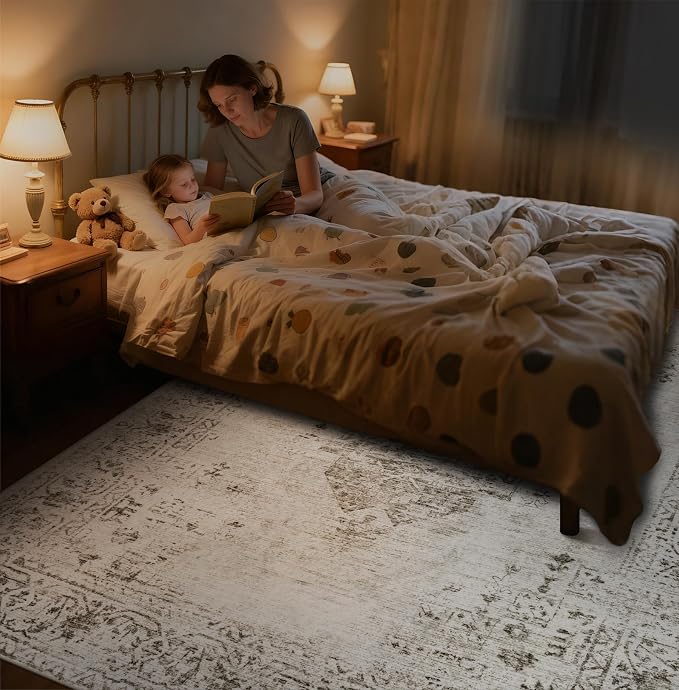 9x12 Area Rugs for Living Room: Washable Vintage Large Retro Rug Soft Non-Slip Indoor Low Pile Carpet for Bedroom Dining Room Office (Taupe, 9' x 12')