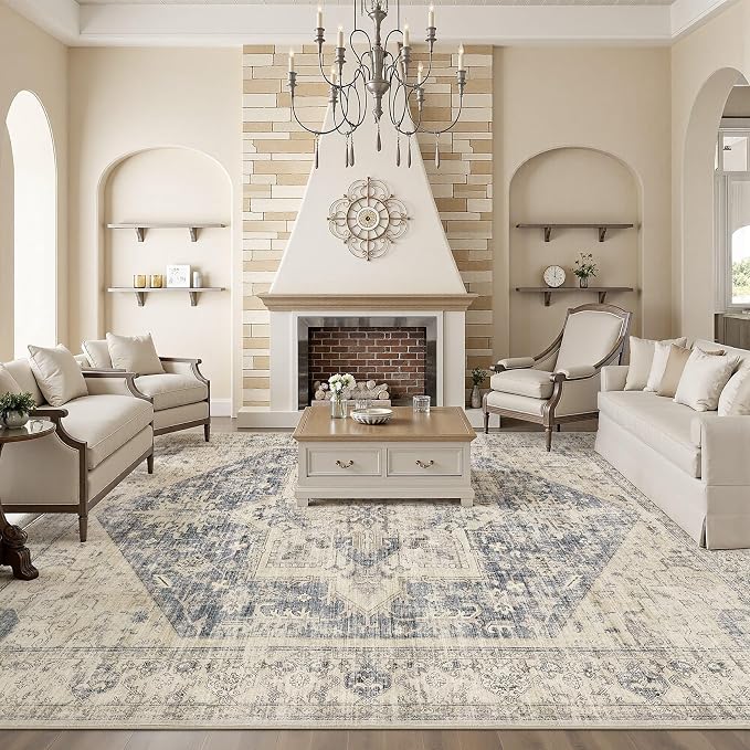 7x9 Area Rugs for Living Room - Large Carpet Ultra Thin Soft Washable Oriental Vintage Floral Distressed Big Indoor Carpets for Bedroom Nursery Dorm Home Decor Aesthetic - Blue Beige