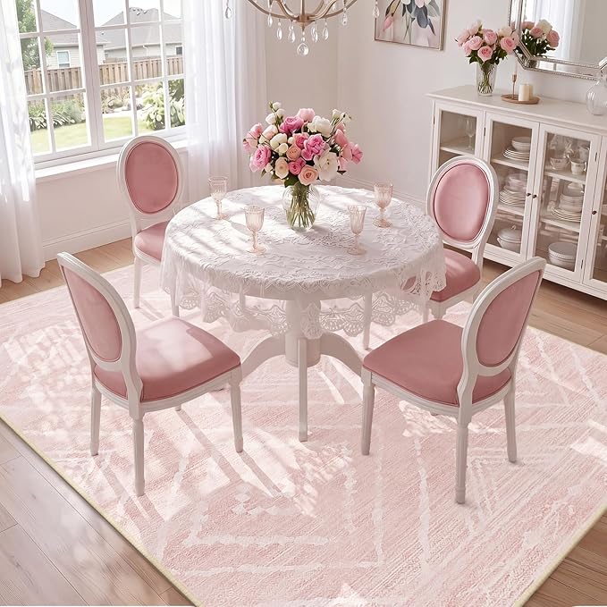 BESTSWEETIE Area Rug 6x9 Rug Machine Washable Non-Slip Low Pile Print Pattern Western Rug for Living Room Bedroom Entryway Tribal Series -Light Pink/Cream