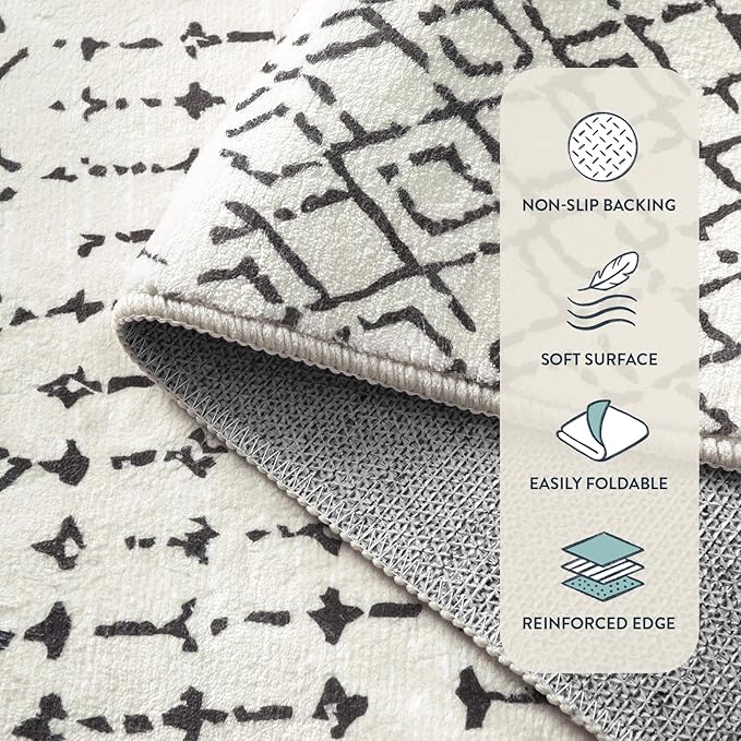 Lahome Moroccan Front Door Rugs Indoor 2x3 Non-Slip Washable Door Mats Indoor Rubber Backing Untra-Thin Beige Small Kitchen Rug, Geometric Print Inside Door Mats for Home Entrance Bathroom Sink Hana