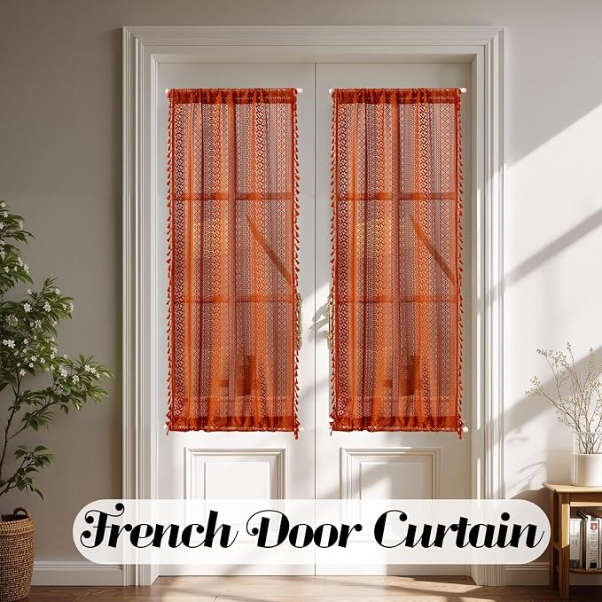 Sutuo Home Terracotta French Door Curtains 72 Inches Long for Front Door Glass & Sidelights, Burnt Orange Bohemian Tassels Vintage Chic Privacy Drapes Window Halloween Decor, Rod Pocket 2 Panels 25" W