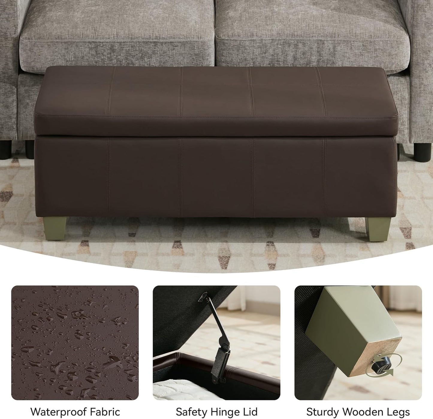 41" Faux Leather Storage Ottoman, Stitch Tufted Rectangle Upholstered End of Bed Storage Bench, Entryway Large Couch Ottoman with Wooden Legs,Brown