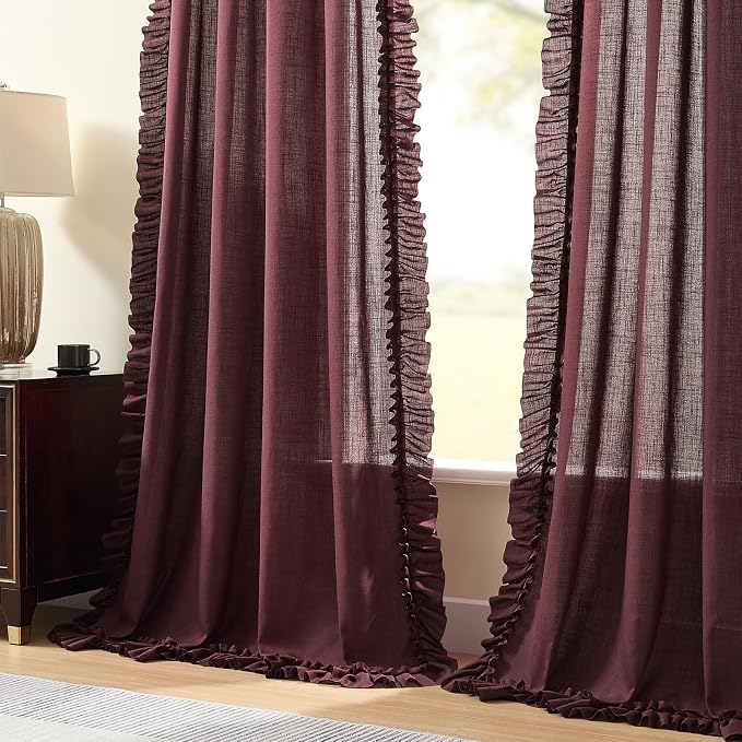 Burgundy Ruffle Linen Curtains 72 Inch Length, 2 Panels, W58 x L72 In, Linen Textured Boho Farmhouse Ruffled Curtains for Living Room Rod Pocket Privacy Light Filtering Semi-Sheer Autumn Flowy Curtain