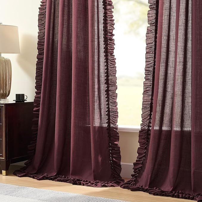 Burgundy Linen Curtains 96 Inches Long, 2 Panels, W58 x L96 Inch, Linen Textured Boho Farmhouse Maroon Ruffle Curtains for Living Room Rod Pocket Privacy Light Filtering Semi-Sheer Autumn Fall Curtain