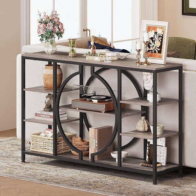 GiftGo 47" Industrial Console Tables for Entryway Rustic Sofa Table Behind Couch 4 Tier Wooden Shelves Entry Table with Storage for Foyer, Hallway, Front Door,Living Room (Retro Grey, 47")