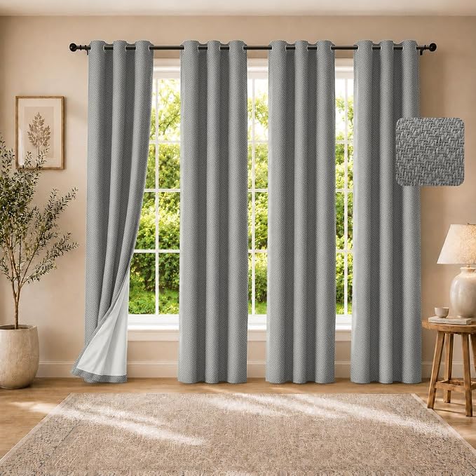 4 Panels 100% Blackout Linen-Textured Curtains, Thick Thermal Insulated Grommet Drapes with Subtle Herringbone Weave, Luxury Decor for Bedroom/Living Room, 37 x 84 Inches, Grey