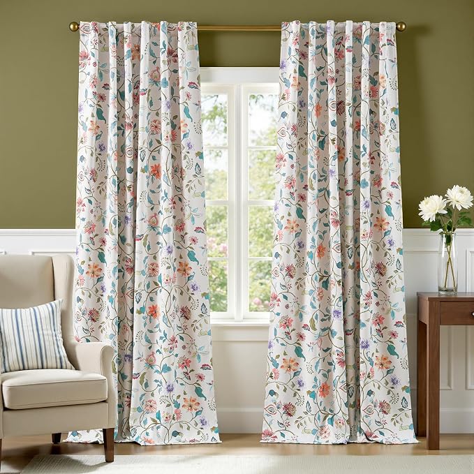 jinchan Hattie Beige Floral Blackout Curtains 96 Inch Length – Room Darkening Vintage Curtains Cream Botanical Drapes for Living Room & Bedroom, Elegant Farmhouse Window Panels, Set of 2 Panels