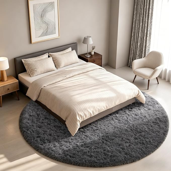 Ophanie Round Rug 7Ft Grey Circle Area Rugs,Large Fluffy Fuzzy Living Room Carpet 7 Foot,Plush Shag Solid Indoor Floor Gray Bedroom Circular Decor for Kids Teen Boys Baby,with Over 99 pcs Pile fibers