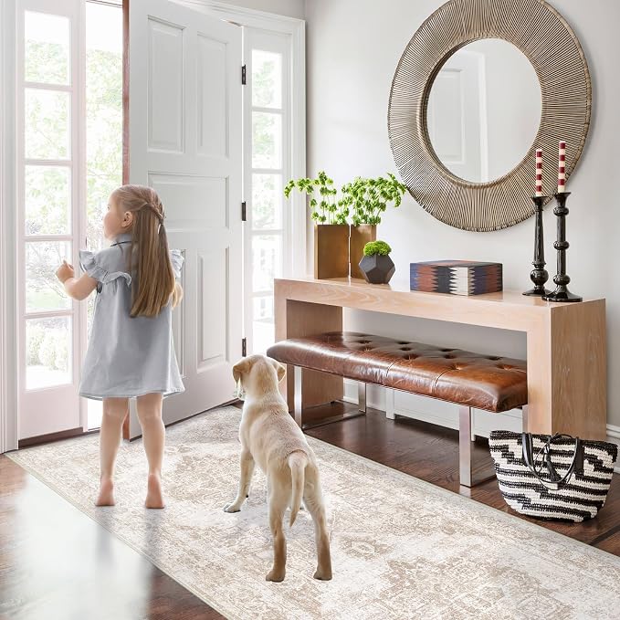 Area Rug 2x6 Runner Rug: Washable Vintage Hallway Rugs Indoor Medallion Rug Low Pile Distressed Floor Carpet Retro Accent Rugs for Kitchen Bedroom Bathroom Dining Room(Beige, 2'x6')