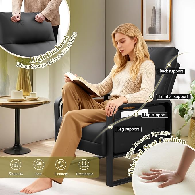 Black PU Leather Accent Chairs Set of 2 with Foldable Side Table | Modern Upholstered Armchair Leisure Side Chairs for Living Room Bedroom Comfy Reading Chair Office Club Chair with Metal Legs