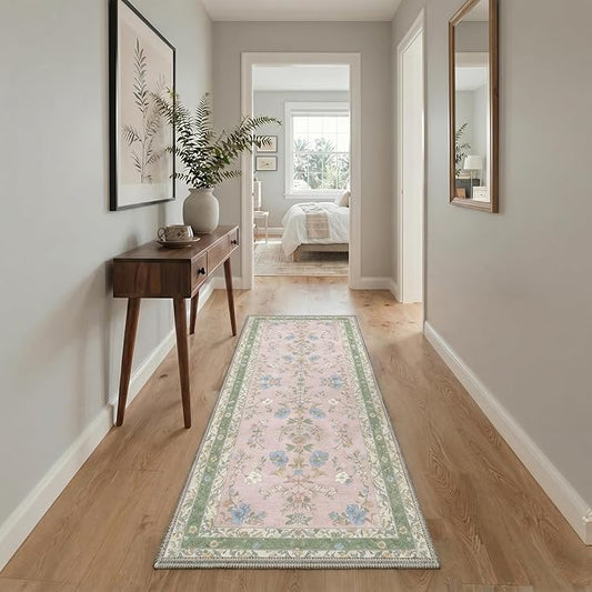 GENIMO Runner Rug 2x5 Non Slip Machine Washable Vintage Hallway Runner Rug, Low Pile Lightweight Rugs for Entryway, Hallway, Kitchen and Corridor, Light Green Pink