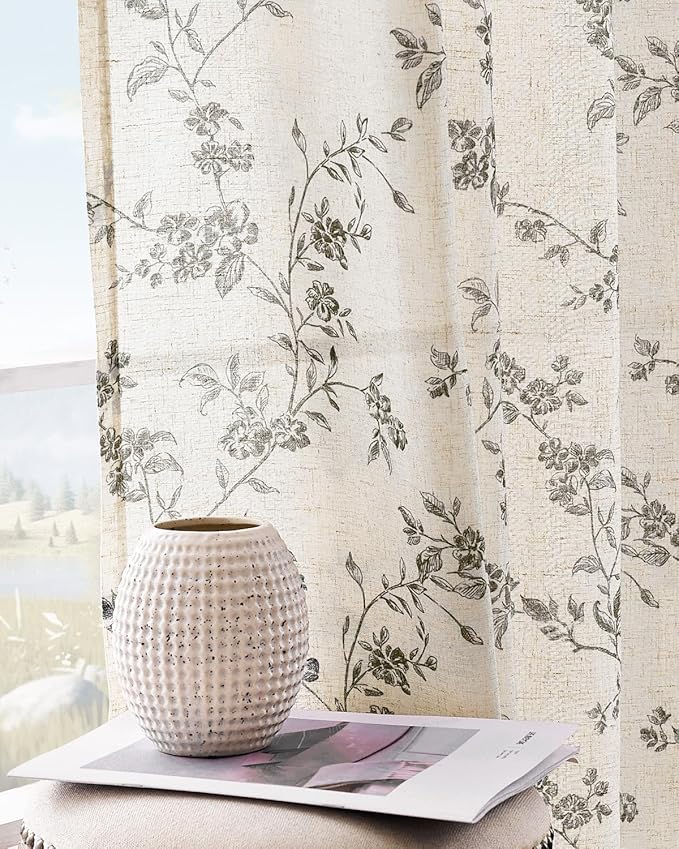 jinchan Black Floral Linen Curtains 84 Inch Farmhouse Back Tab 2 Panels | Flower patterned drapes, french country, printed, privacy, light filtering, bedroom, living room, dining room, home decor