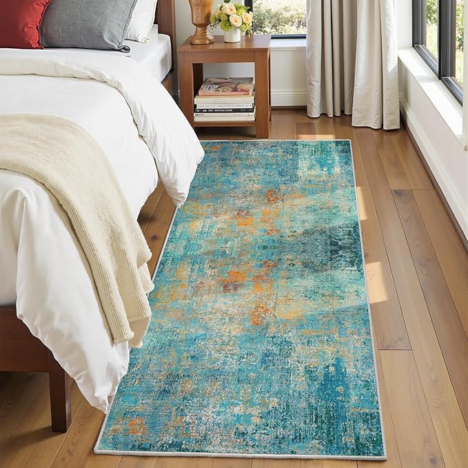 RELEANY Washable Area Rugs 2'x8' Non-Slip Modern Abstract Soft for Living Room Entryway Bedroom Kitchen, Print Pattern, Teal Blue Green Orange Rust Red Coloreful