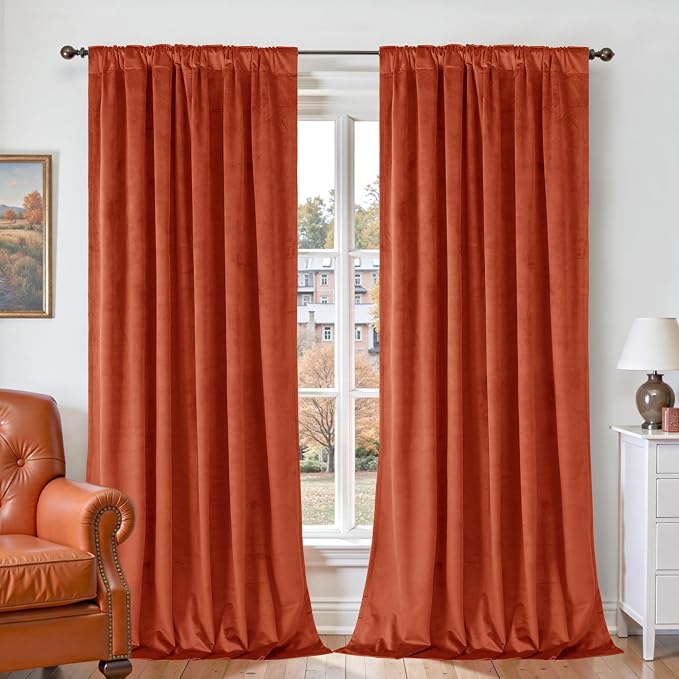 BGment Terracotta Velvet Curtains 108 Inches Long, Burnt Orange Fall Thermal Insulated Blackout Luxury Super Soft Curtains with Back Tab Rod Pocket for Living Room, 2 Window Panels, 52 x 108 Inch