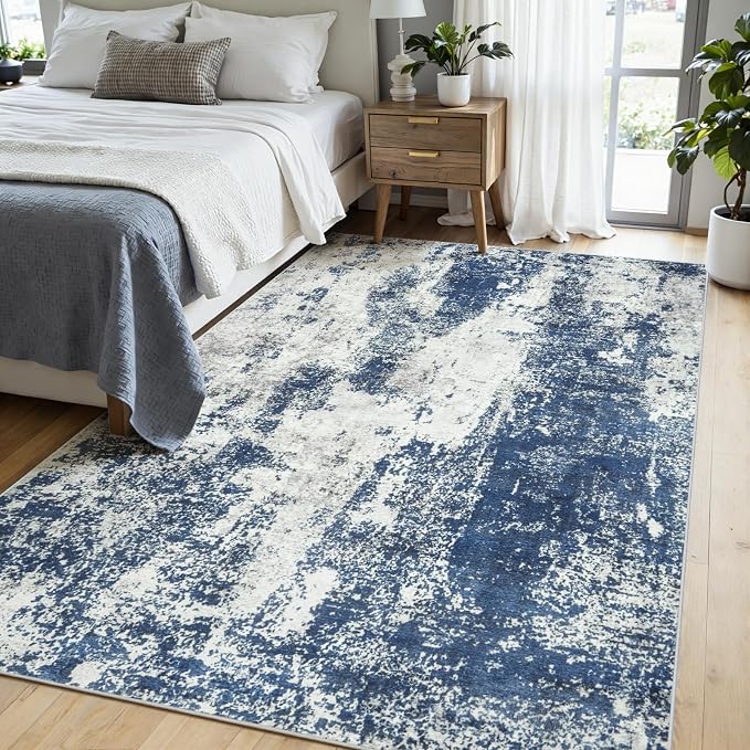 Area Rugs 6x9 Living Room: Large Soft Washable Rug Modern Abstract Anti-Skid Non-Shedding Carpet Indoor Floor Thin Carpets for Bedroom Dining Room Farmhouse Nursery Home Office Blue