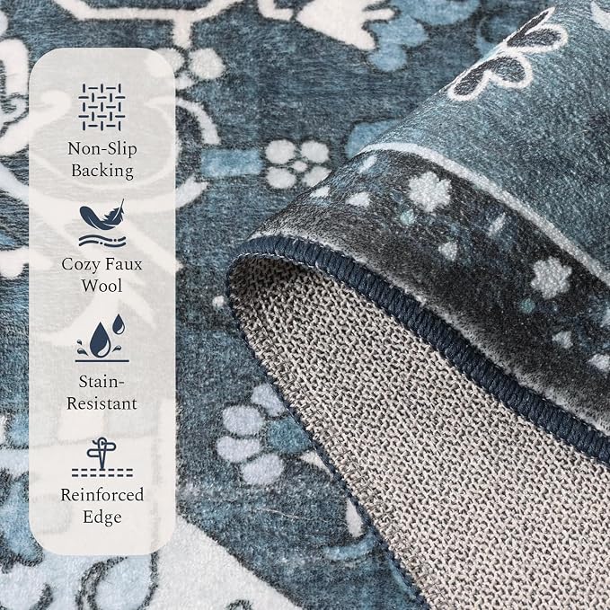 Rugflix 4x6 Area Rugs Machine Washable, Dark Navy Blue Carpet for Living Room, Oriental Indoor Area Rug Low Pile, Large Soft Thick Carpets Non Slip, Farmhouse Vintage Rug for Bedroom Dining Room