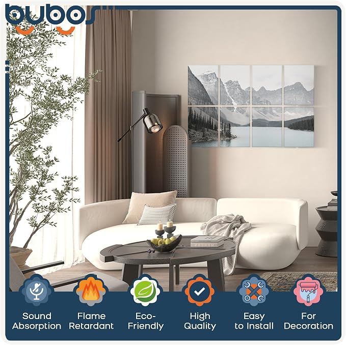 BUBOS 8 Pack Acoustic Wall Panels - High-Density Polyester Sound Absorbing Panels, Decorative Print Treatment for Recording Studio & Home Office, Peel and Stick, 16" x 12"