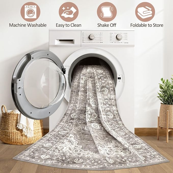 7x9 Area Rug Living Room: Washable Boho Large Neutral Vintage Soft Rugs Stain Resistant Farmhouse Non-Slip Indoor Rustic Floor Carpet for Bedroom Nursery Kids Playroom Office Dining Room- Dark Brown