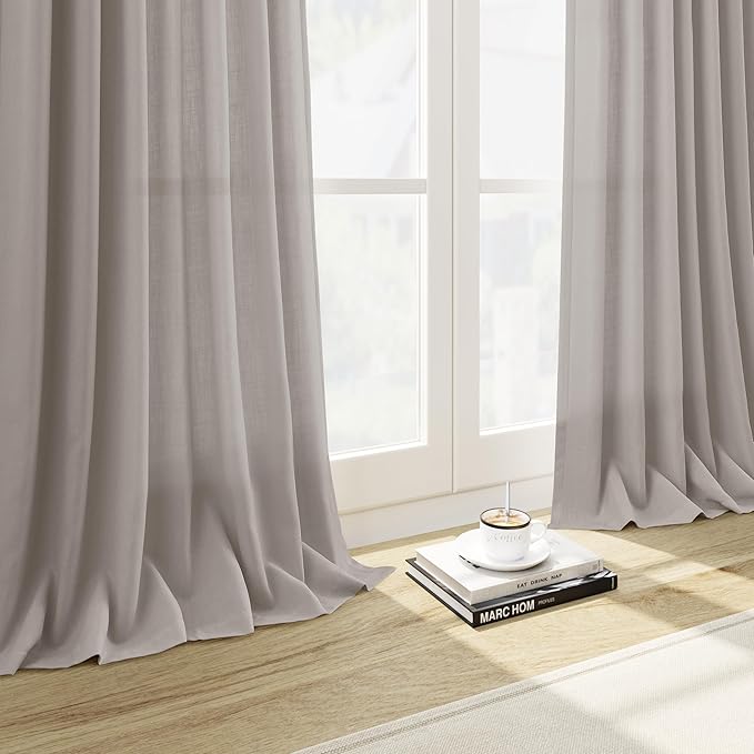 Stone Grey Linen Curtains 120 Inches Long for Living Room Simple Modern Light Filtering Semi Sheer Curtain Back Tab Neutral Luxury Extra Long Floor to Ceiling High Window for Bedroom 52x120, 2 Panels