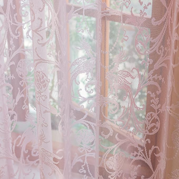 TUDECO Pink Lace Curtains 63 Inch Length - Cute Princess Short Girly Panels for Nursery Bedroom, Kawaii Ruffled Rod Pocket Privacy Princess Curtains, 59 x 63 Inch, Light Pink