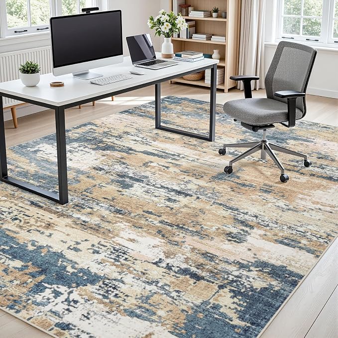 Area Rugs 9x12 Living Room: Large Soft Washable Rug Modern Abstract Anti-Skid Non-Shedding Carpet Indoor Floor Thin Carpets for Bedroom Dining Room Farmhouse Nursery Home Office Brown Blue