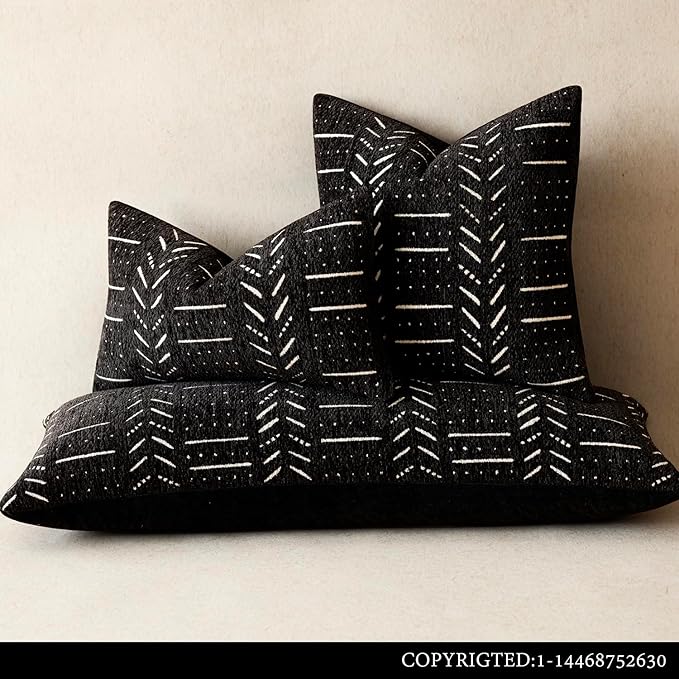 Home Décor Decorative Boho Chenille Throw Pillow Covers Neutral Cozy Lumbar Cushion Covers Textured Soft Farmhouse Pillowcase for Couch Sofa Chair Bed Living Room, 12×20 Inch, Set of 2, Black