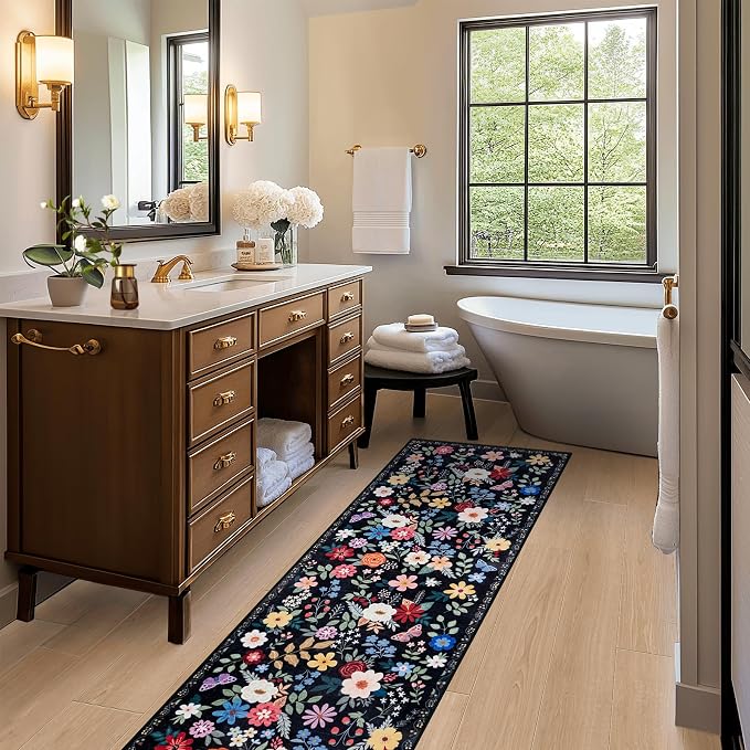 Runner Rug for Entryway: 2x6 Kitchen Rugs Non Slip Washable Ultra-Thin Soft Floral Carpet Indoor Floor Stain Resistant Carpets for Hallway Bedroom Kitchen Laundry Bathroom Dorm Black