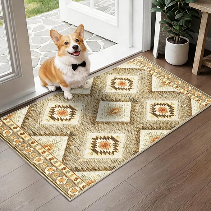 Area Rug 2x3 Rug Machine Washable Non-Slip Low Pile Print Pattern Western Rug for Living Room Bedroom Entryway Tribal Series -Cream/Camel